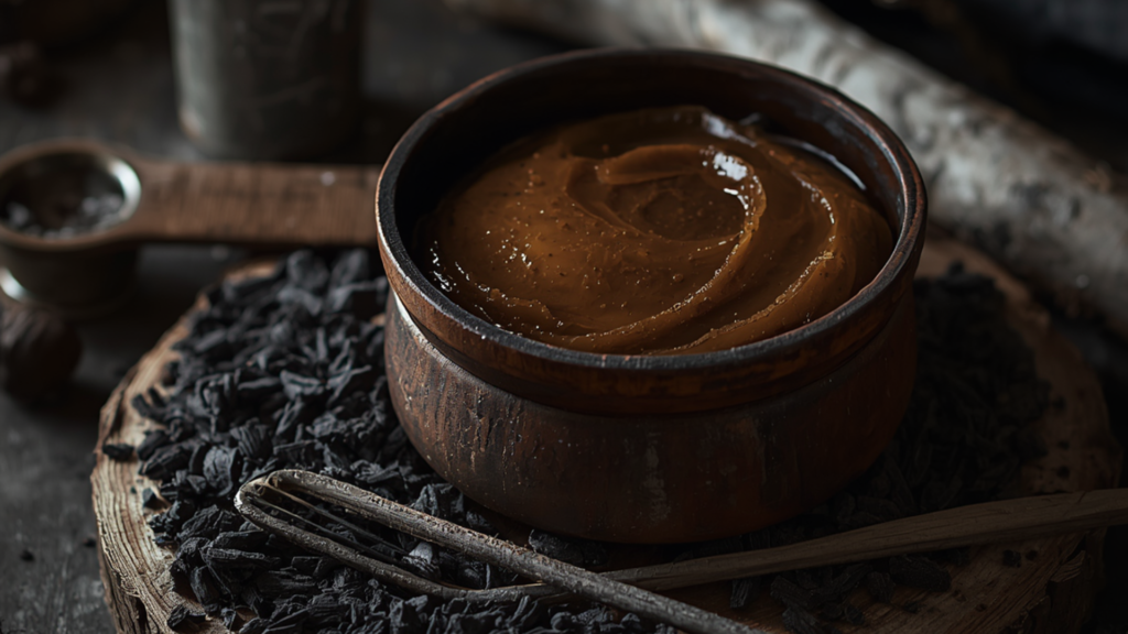 Træskål med brun sæbepasta og træaske — vikingernes køkken