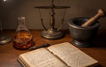 1800-tals kemisk laboratorium: erlenmeyer-kolbe med olie, brass-balancevægt, morter og pestel, åben notesbog